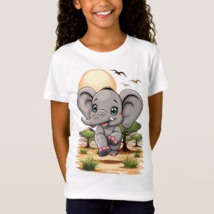 Camiseta Elefante Bebê Pulando Feliz em Savana Africana