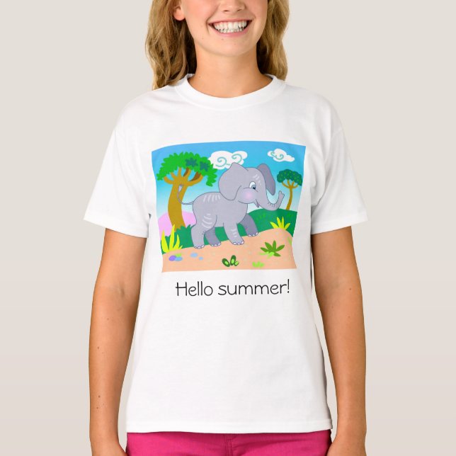Camiseta Elefante bonitinho de desenho no verão na natureza (Frente)