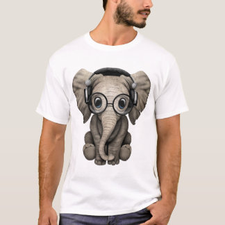 Camiseta Elefante bonito DJ do bebê que veste fones de