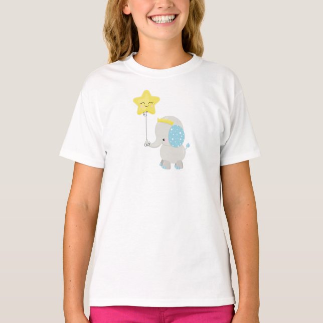 Camiseta Elefante Bonito, Elefante Com Balão, Coroa, Estrel (Frente)