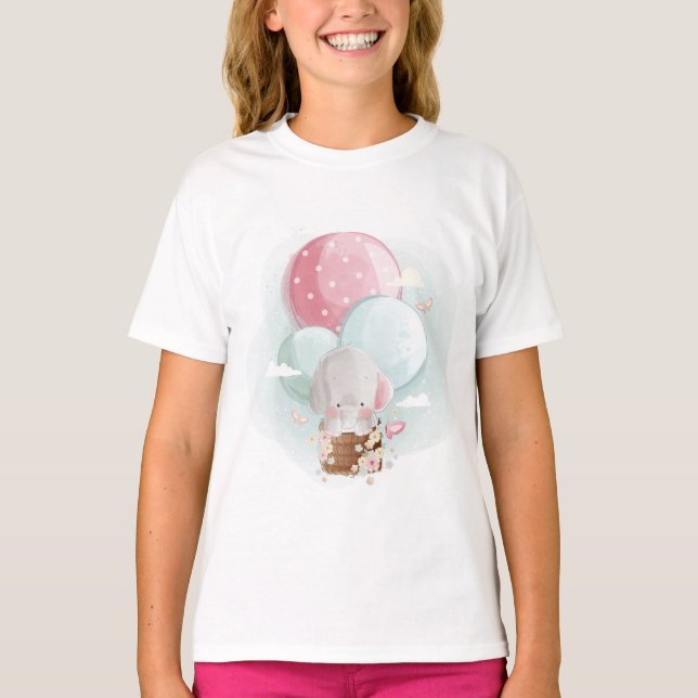 Camiseta Elefante Bonito Voando com Balões (Frente)