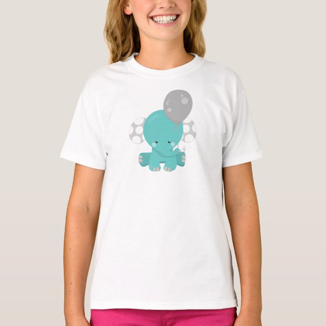 Camiseta Elefante Com Balão, Elefante Azul, Animal Bastante (Frente)