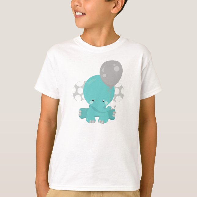 Camiseta Elefante Com Balão, Elefante Azul, Animal Bastante (Frente)