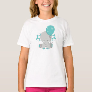 Camiseta Elefante Com Balão, Elefante Bonito - Cinza Azul