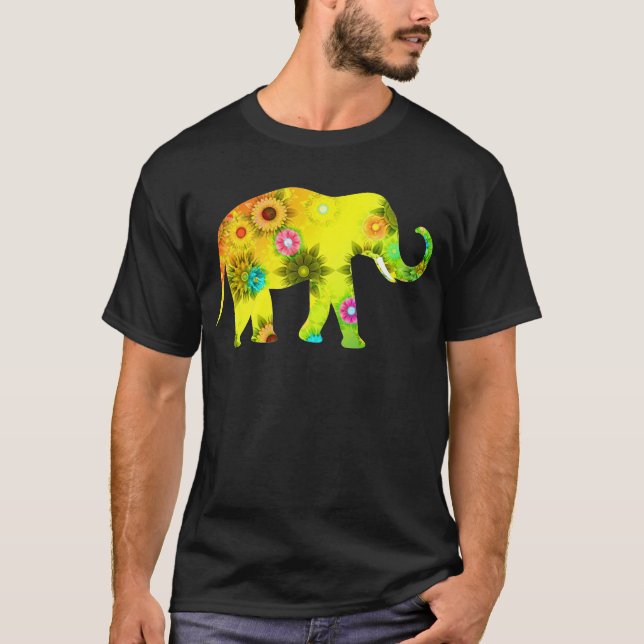 Camiseta Elefante com o tronco acima do elefante floral (Frente)