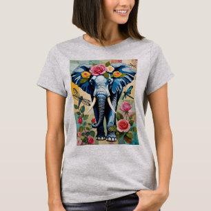 Camiseta Elefante Com Rosas E Libélulas Patchwork