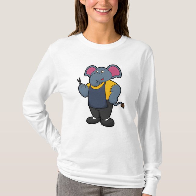 Camiseta Elefante como Cabeleireiro com Tesoura (Frente)