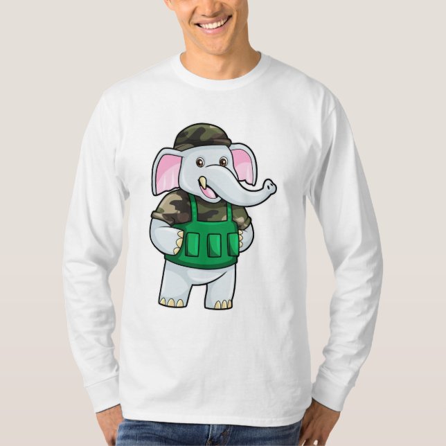 Camiseta Elefante como Soldado com Uniforme e Capacete (Frente)