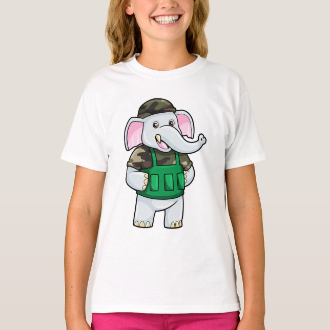 Camiseta Elefante como Soldado com Uniforme e Capacete (Frente)