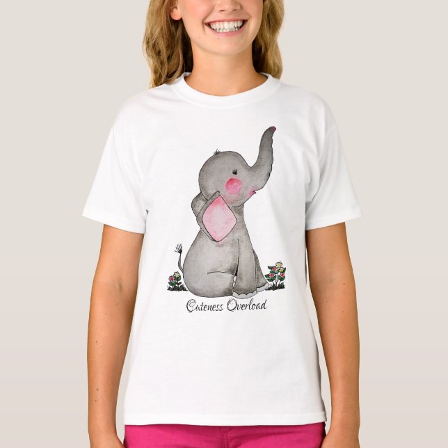 Camiseta Elefante De Bebê Cuta De Aquarela Com Blush E Flor (Frente)