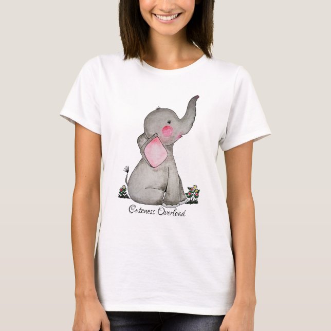 Camiseta Elefante De Bebê Cuta De Aquarela Com Blush E Flor (Frente)