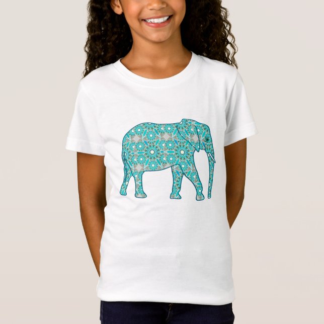 Camiseta Elefante de flor de Mandala - turquesa, cinza e br (Frente)
