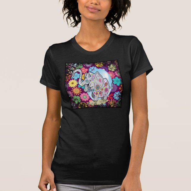 Camiseta Elefante de Hippie bonito com flores coloridas (Frente)