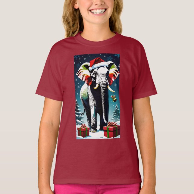 Camiseta Elefante De Natal Engraçado Em Santa Hat (Frente)