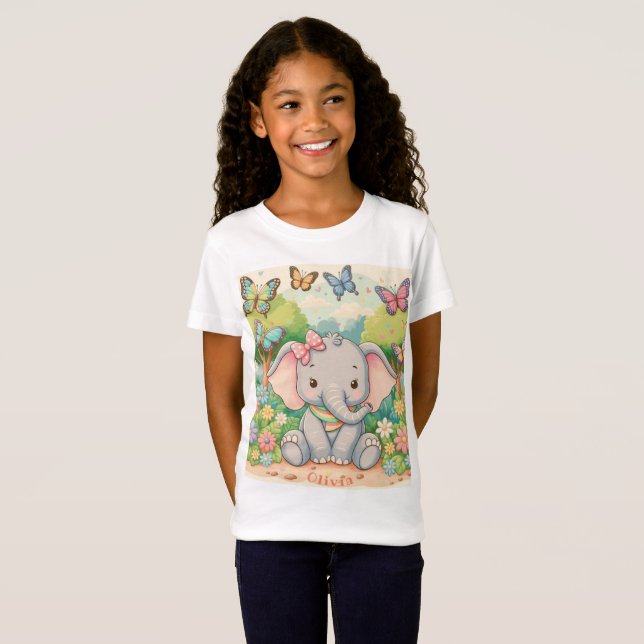 Camiseta Elefante e borboletas Cute Personalizáveis (Frente Completa)