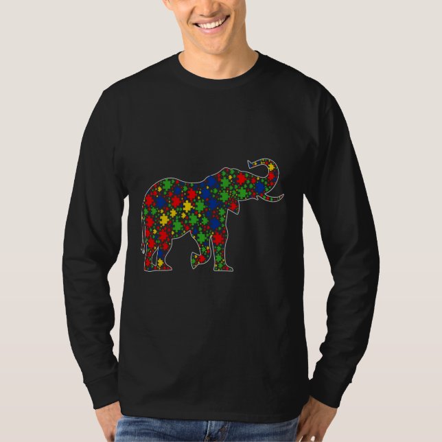Camiseta Elefante Engraçado Peças Quebra-cabeça Autismo Awa (Frente)