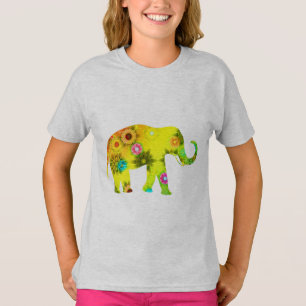 Camiseta Elefante Estilo Cartoon Flores Vibrantes Divertido