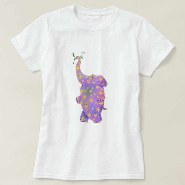Camiseta Elefante Feliz com T-Shirt Engraçado Flor (Frente do Design)