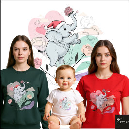 Camiseta Elefante Fofo Chapéu de Papai Noel Rosa Pastel