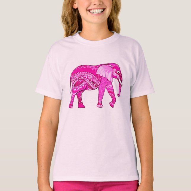 Camiseta Elefante Indiano em um Patterno Árabe Rosa da Foss (Frente)