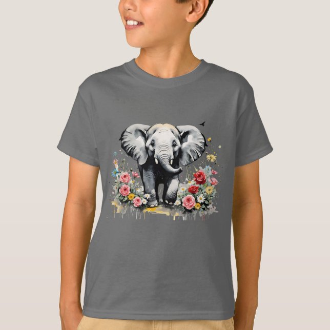 Camiseta Elefante Para Bebê Com Rosas (Frente)