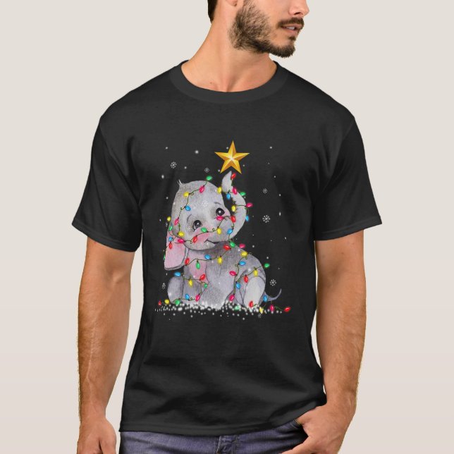 Camiseta Elefante Reindeer Hat Papai noel As Luzes De Natal (Frente)