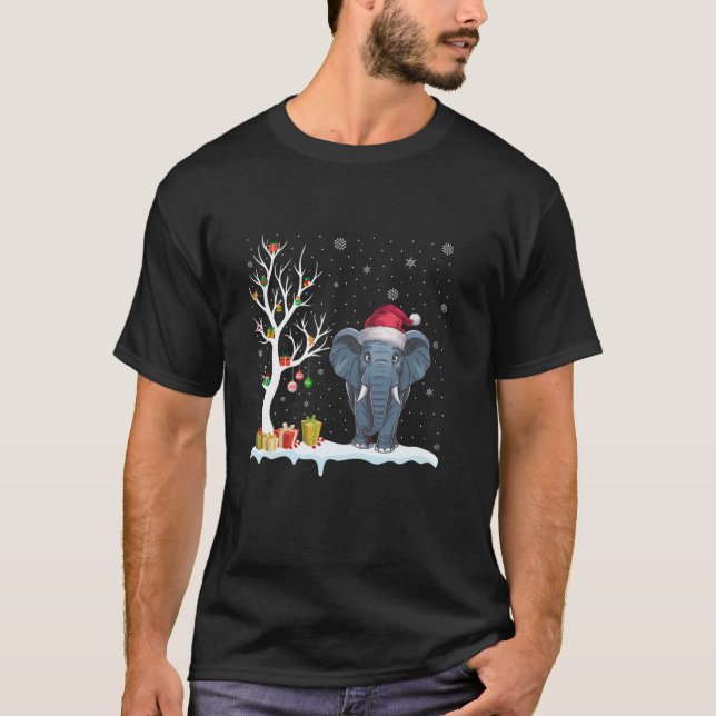 Camiseta Elefante Santa Hat Árvore Festiva Leve Natal Pa (Frente)