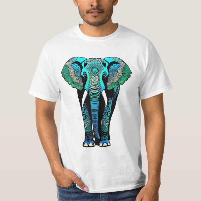 Camiseta Elefante Tribal Colorido - Vida Selvagem Artística (Frente)