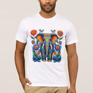 Camiseta Elefante Vibrante de Arte Popular com Jardim Flora