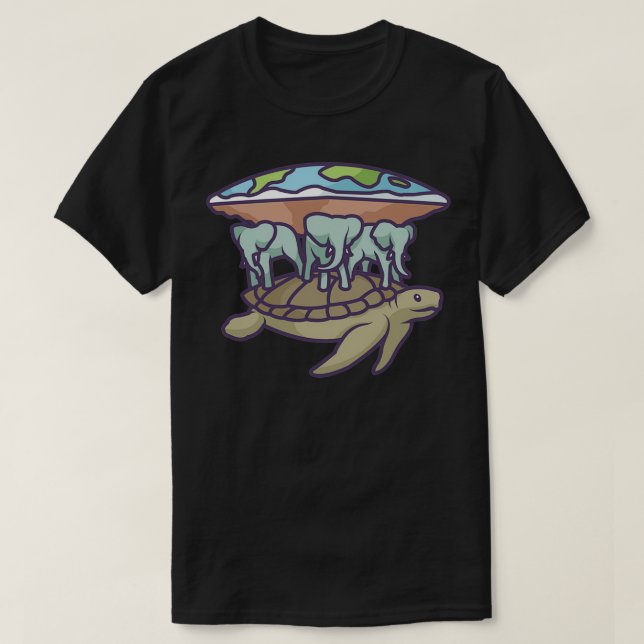 Camiseta Elefantes e Tartarugas Segurando Terra Plana (Frente do Design)
