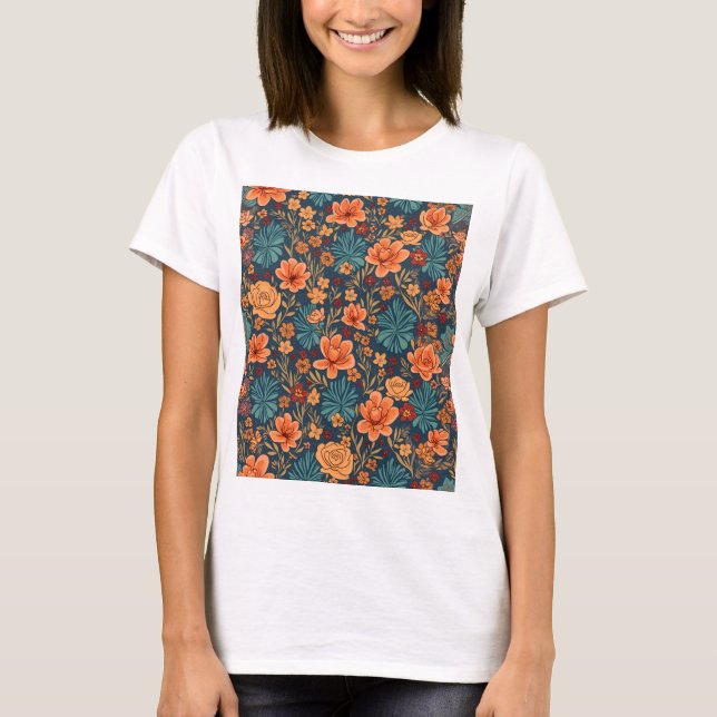 Camiseta Elegância de Bloqueio: Coleção Floral Retroativa (Frente)