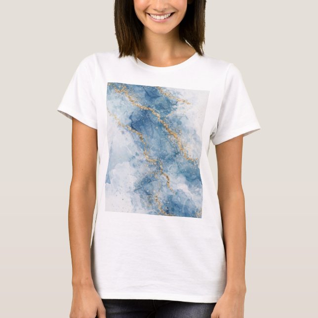Camiseta Elegant Blue Gold Glitter Abstract Flow            (Frente)