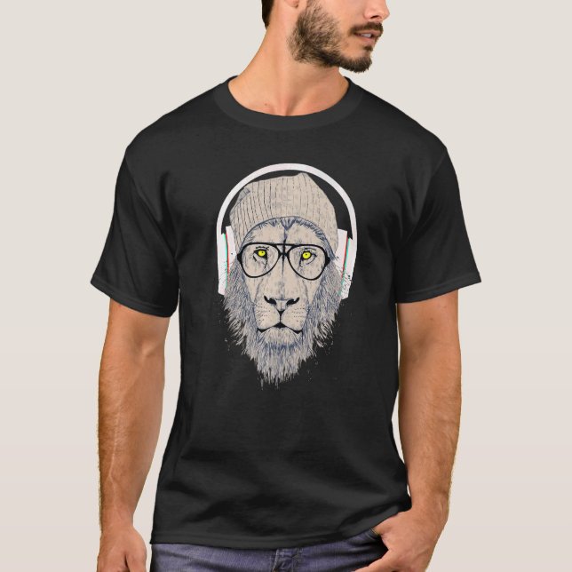 Camiseta Elegant cool Lion Head in Glasses and Headphone (Frente)