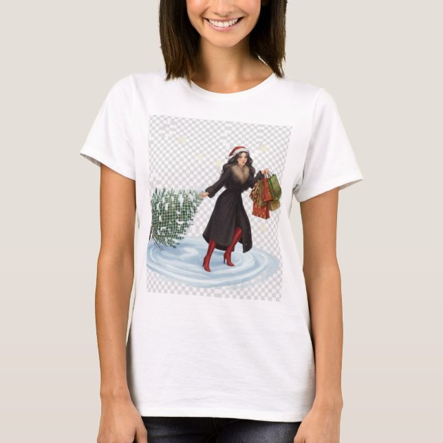 Camiseta Elegant Woman in Santa Hat Pulling Christmas Tree  (Frente)