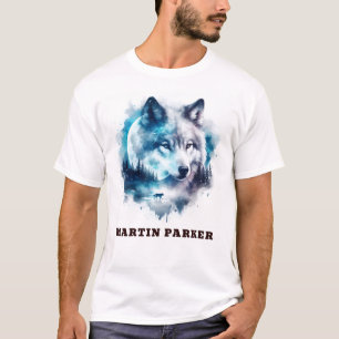 Camiseta Elegante Abstrato Engraçado Lobo e Lua Básico