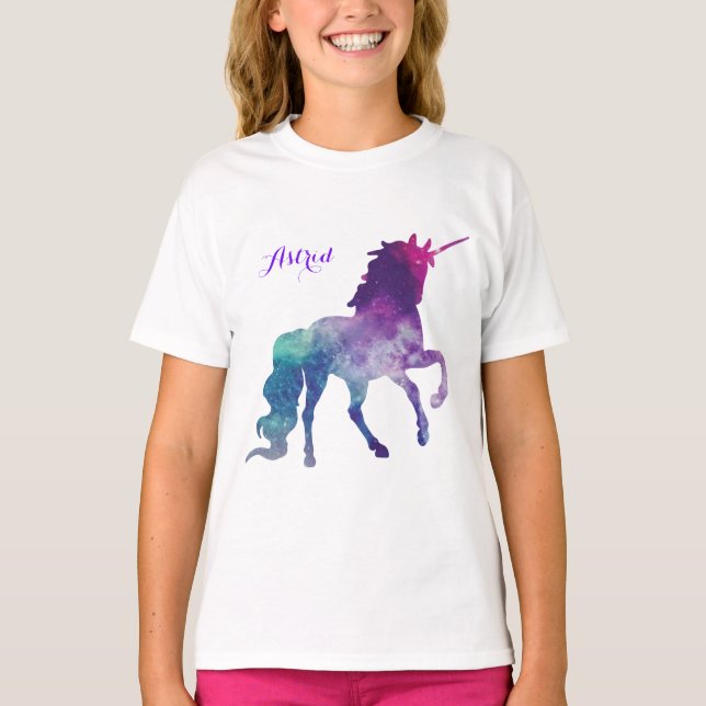 Camiseta Elegante Aquarela Azul Roxo Unicórnio Moderno (Frente)