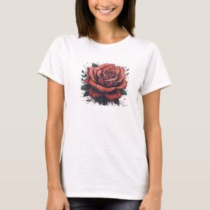 Camiseta Elegante Bloom: Tee de Desenho de Rosa Estilizado
