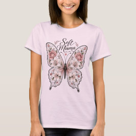 Camiseta Elegante Borboleta Rosa e Lírio "Mama Macia" Graph
