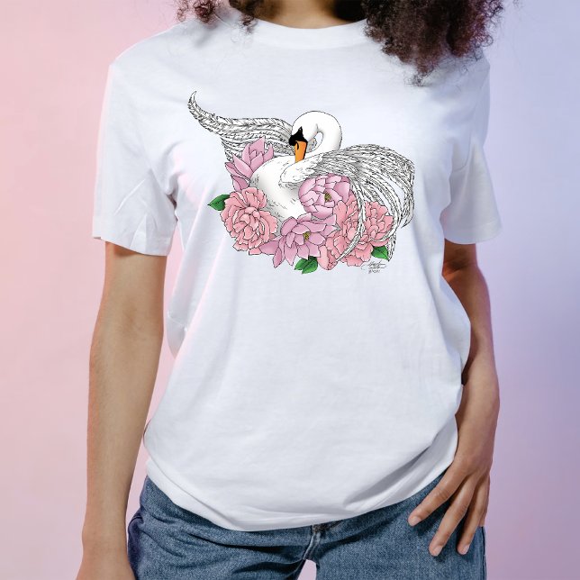 Camiseta Elegante Cisne Romântico Azul Peônia Floral  (Criador carregado)
