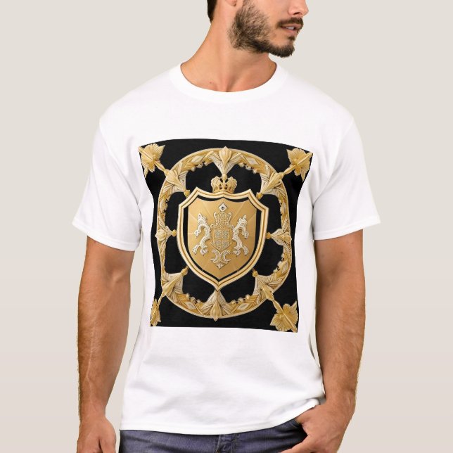 Camiseta Elegante Crista Ornamental Dourada com Escudo (Frente)