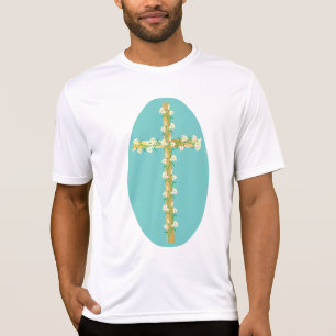 Camiseta Elegante Cruz de Páscoa em Ouro com Lírios Brancos