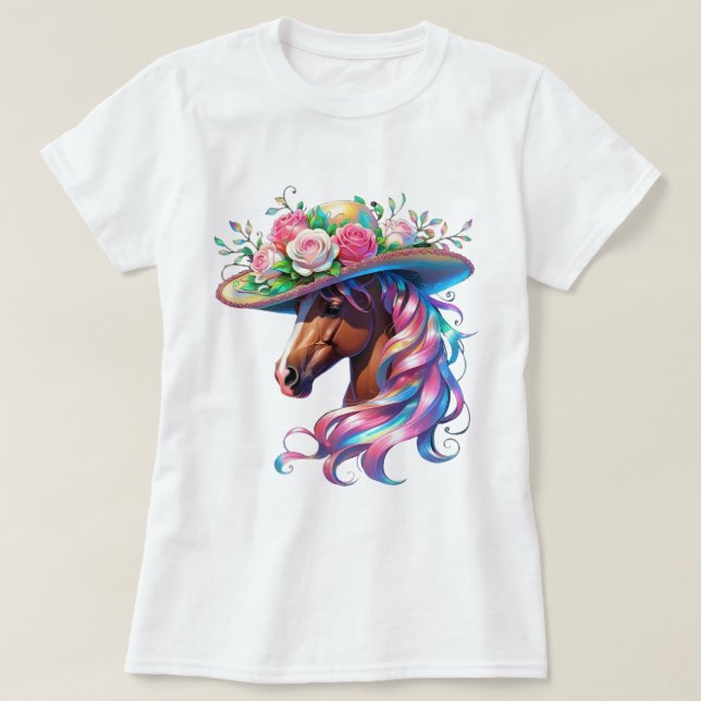 Camiseta Elegante Design de Chapéu de Cavalo Floral - Derby (Frente do Design)