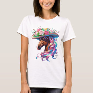 Camiseta Elegante Design de Chapéu de Cavalo Floral - Derby