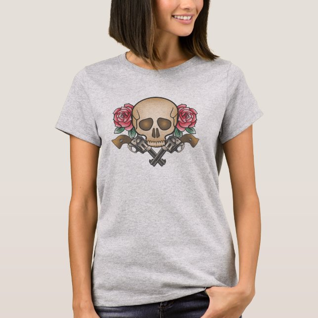 Camiseta Elegante Dia de los Muertos Skull e Guns | Camiset (Frente)