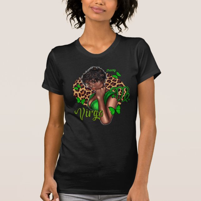 Camiseta Elegante Diva Virgem Preta com Acentos Celestiais (Frente)