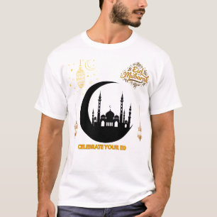 Camiseta Elegante Eid Mubarak Dourada Celebração da Lua da 