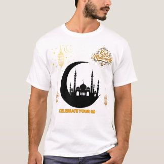 Camiseta Elegante Eid Mubarak Dourada Celebração da Lua da