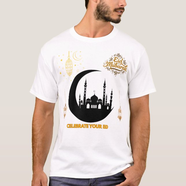 Camiseta Elegante Eid Mubarak Dourada Celebração da Lua da  (Frente)