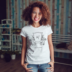 Camiseta Elegante Floral Crest Monograma e nome