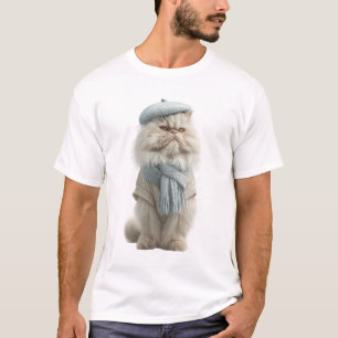 Camiseta Elegante Gato Persa Fofo de Boina Azul e Cachecol